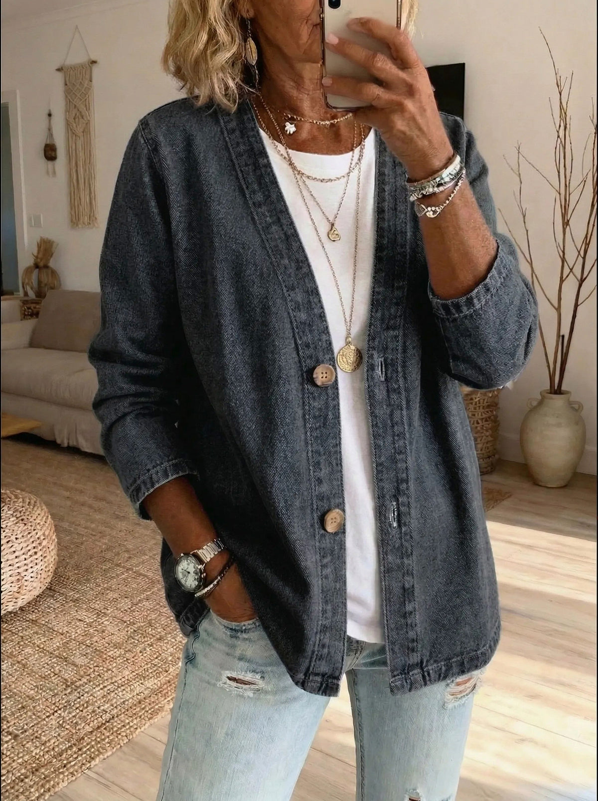 Denim V Neck Cardigan Jacket