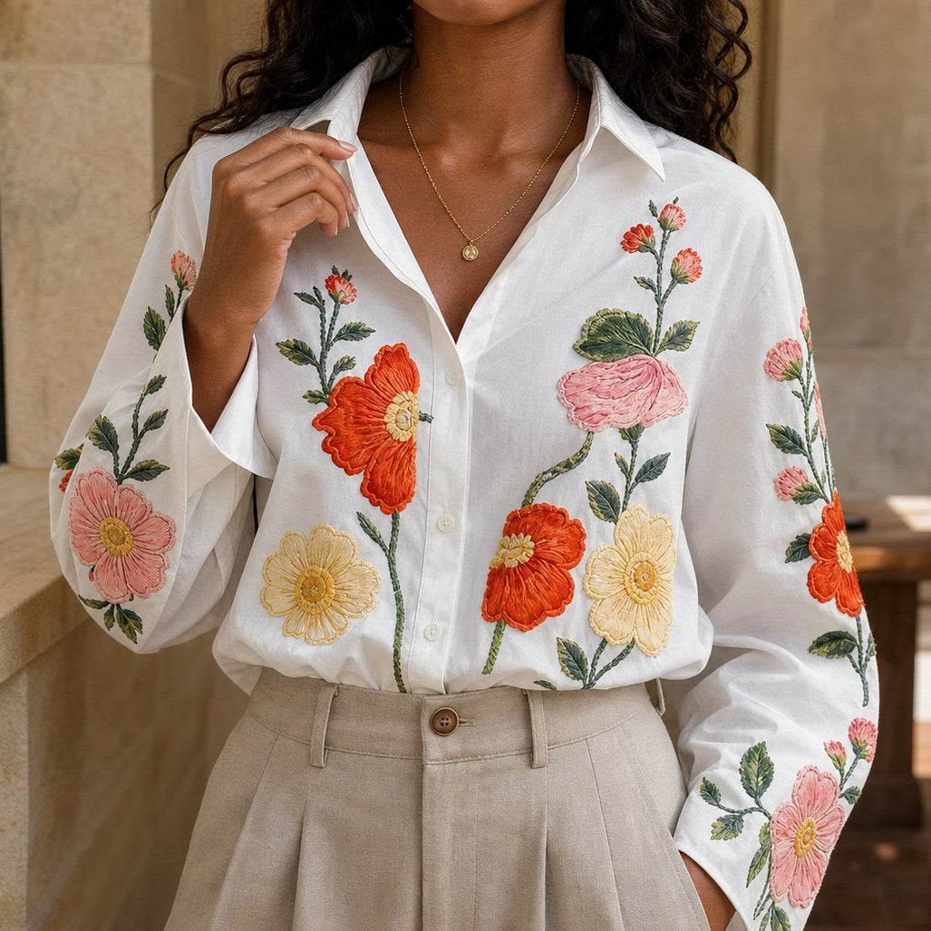 Embroidered Floral Long Sleeve Button Blouse