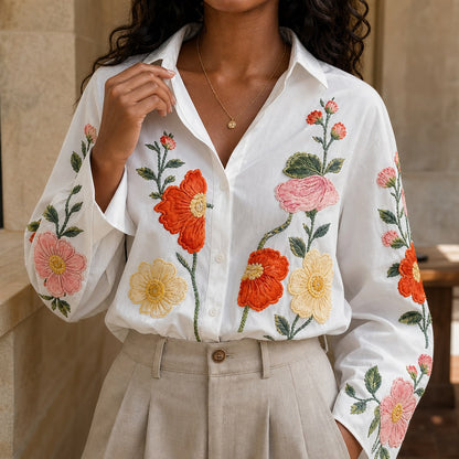 Embroidered Floral Long Sleeve Button Blouse