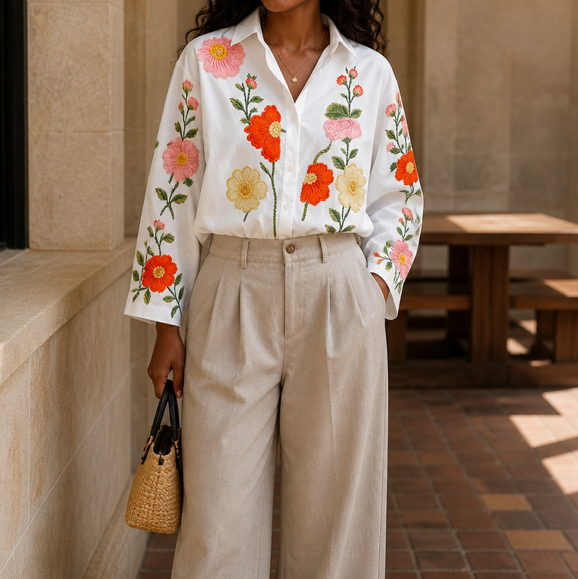 Embroidered Floral Long Sleeve Button Blouse