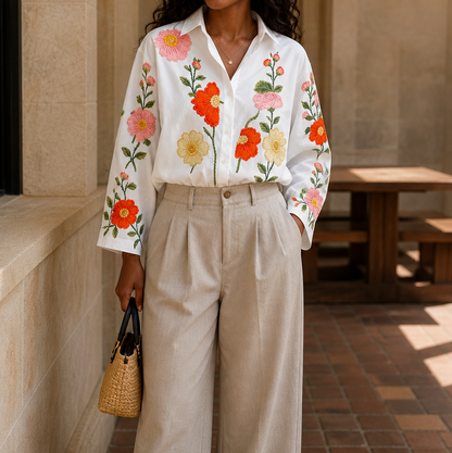 Embroidered Floral Long Sleeve Button Blouse