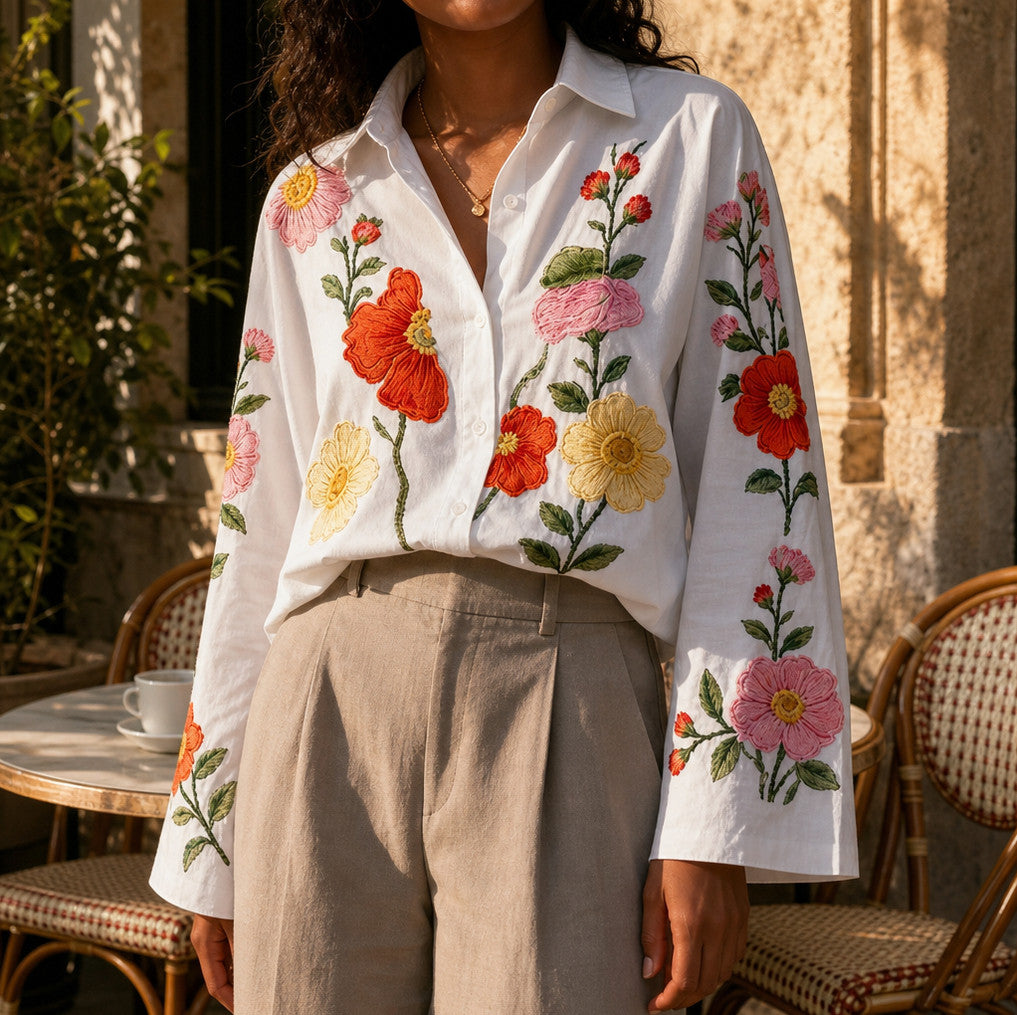 Embroidered Floral Long Sleeve Button Blouse