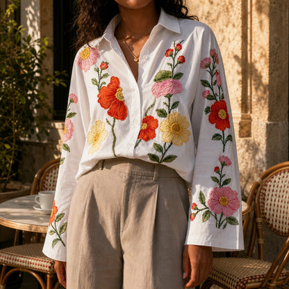 Embroidered Floral Long Sleeve Button Blouse