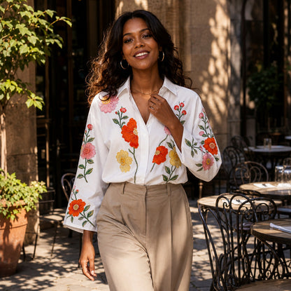 Embroidered Floral Long Sleeve Button Blouse