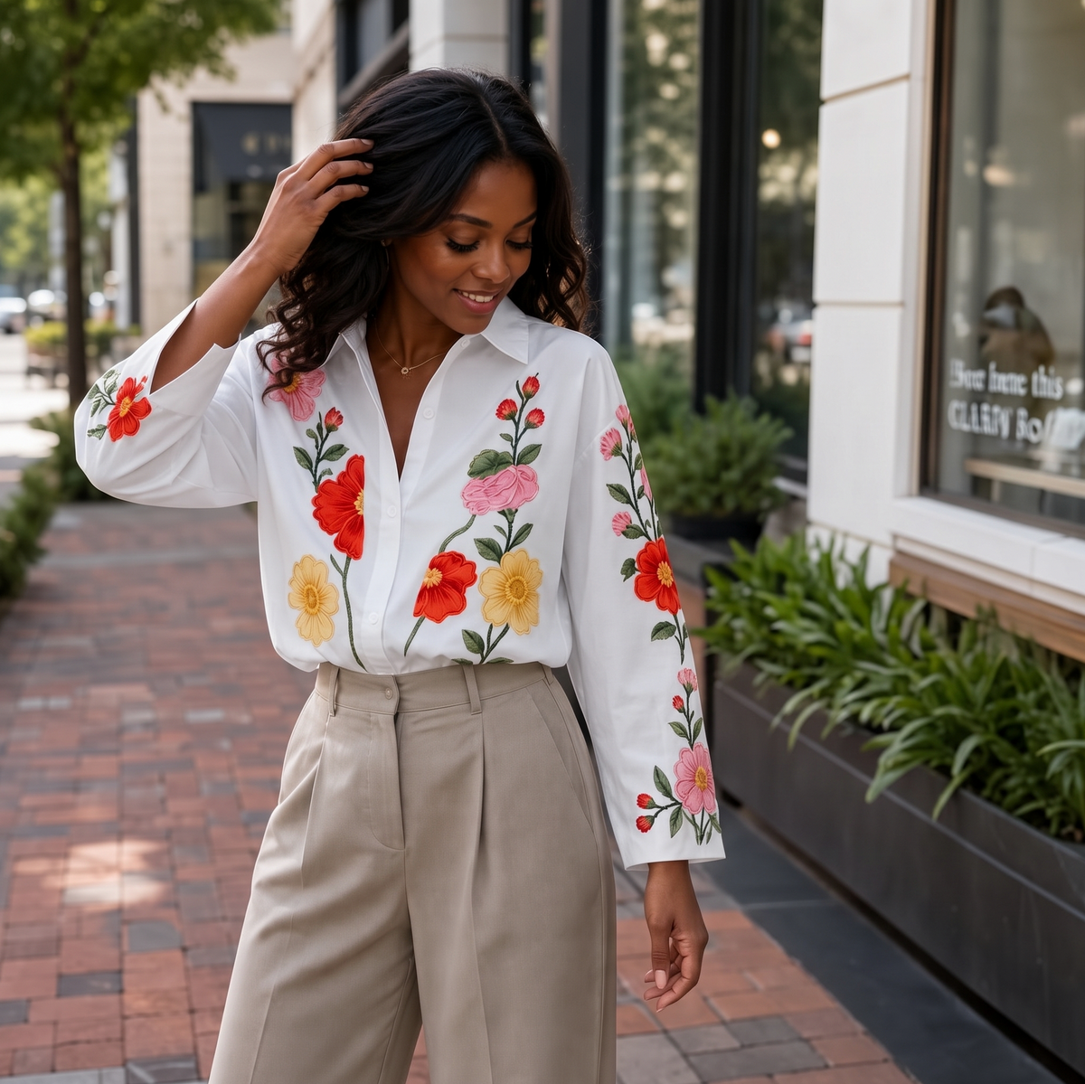 Embroidered Floral Long Sleeve Button Blouse
