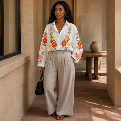 Embroidered Floral Long Sleeve Button Blouse