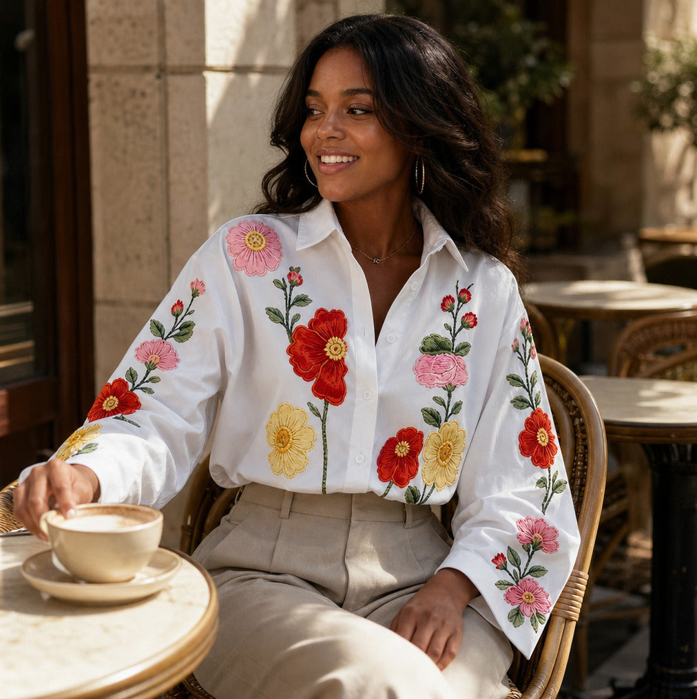 Embroidered Floral Long Sleeve Button Blouse
