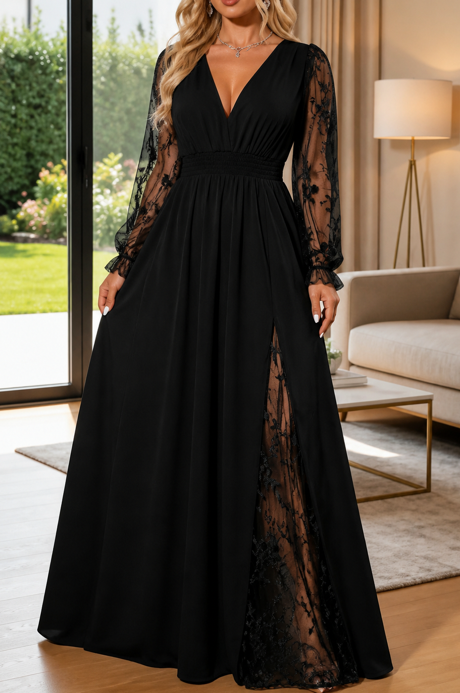 Embroidered Lace Long Sleeve Maxi Dress