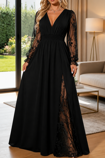 Embroidered Lace Long Sleeve Maxi Dress
