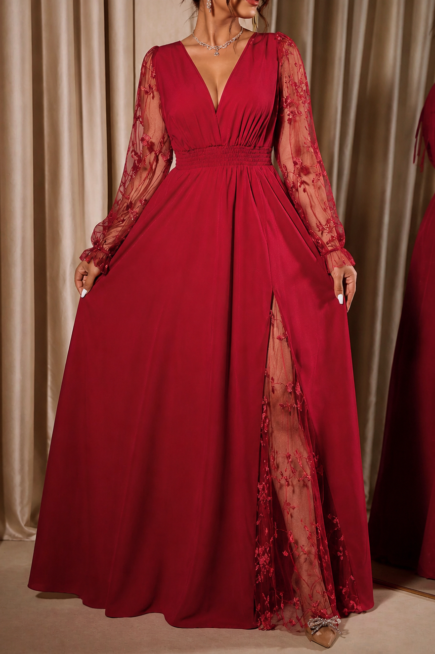 Embroidered Lace Long Sleeve Maxi Dress