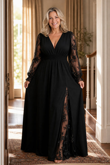 Embroidered Lace Long Sleeve Maxi Dress
