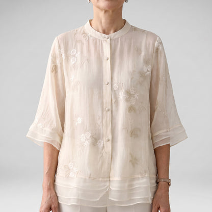 Embroidered 3/4 Sleeve Sheer Mandarin Collar Blouse