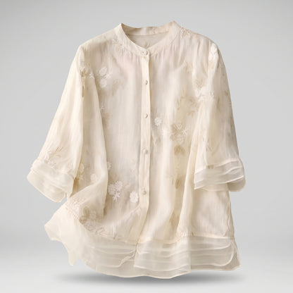 Embroidered 3/4 Sleeve Sheer Mandarin Collar Blouse