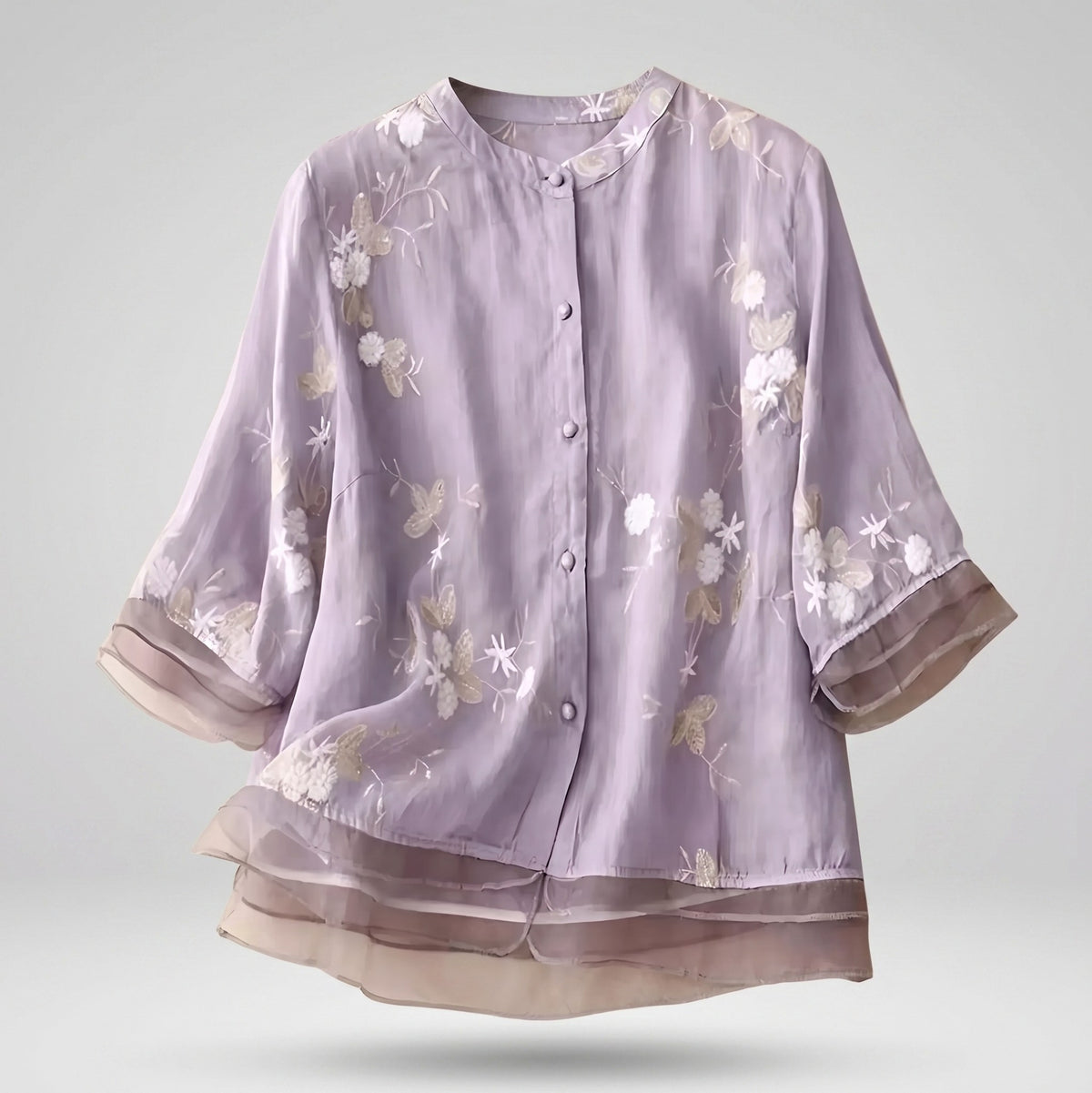 Embroidered 3/4 Sleeve Sheer Mandarin Collar Blouse