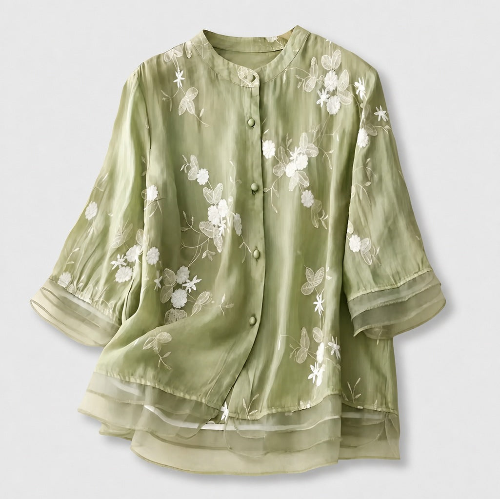 Embroidered 3/4 Sleeve Sheer Mandarin Collar Blouse