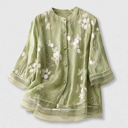 Embroidered 3/4 Sleeve Sheer Mandarin Collar Blouse
