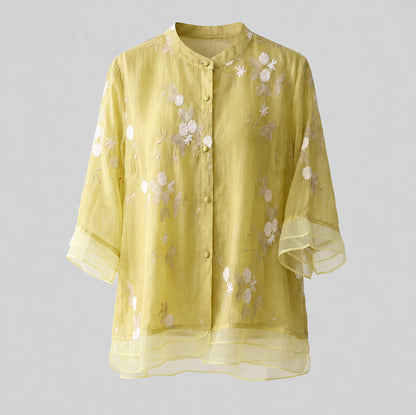 Embroidered 3/4 Sleeve Sheer Mandarin Collar Blouse