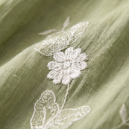 Embroidered 3/4 Sleeve Sheer Mandarin Collar Blouse