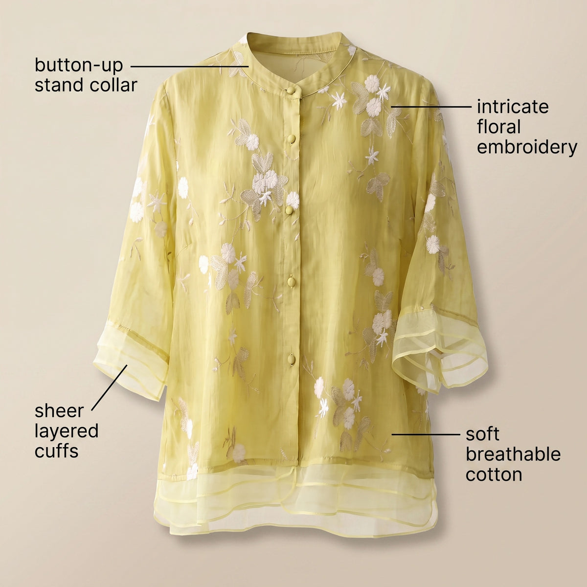Embroidered 3/4 Sleeve Sheer Mandarin Collar Blouse