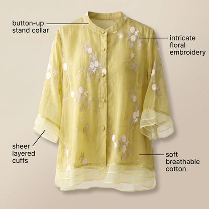 Embroidered 3/4 Sleeve Sheer Mandarin Collar Blouse