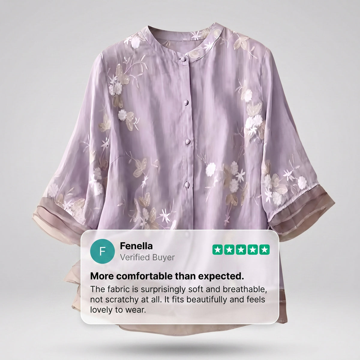 Embroidered 3/4 Sleeve Sheer Mandarin Collar Blouse