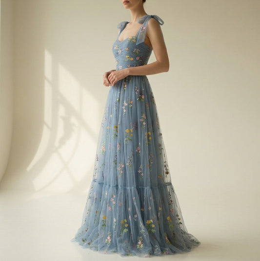 Embroidered Tulle Tiered Maxi Dress