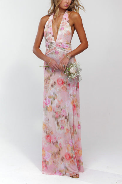 Floral Chiffon Ruched Halter Maxi Dress