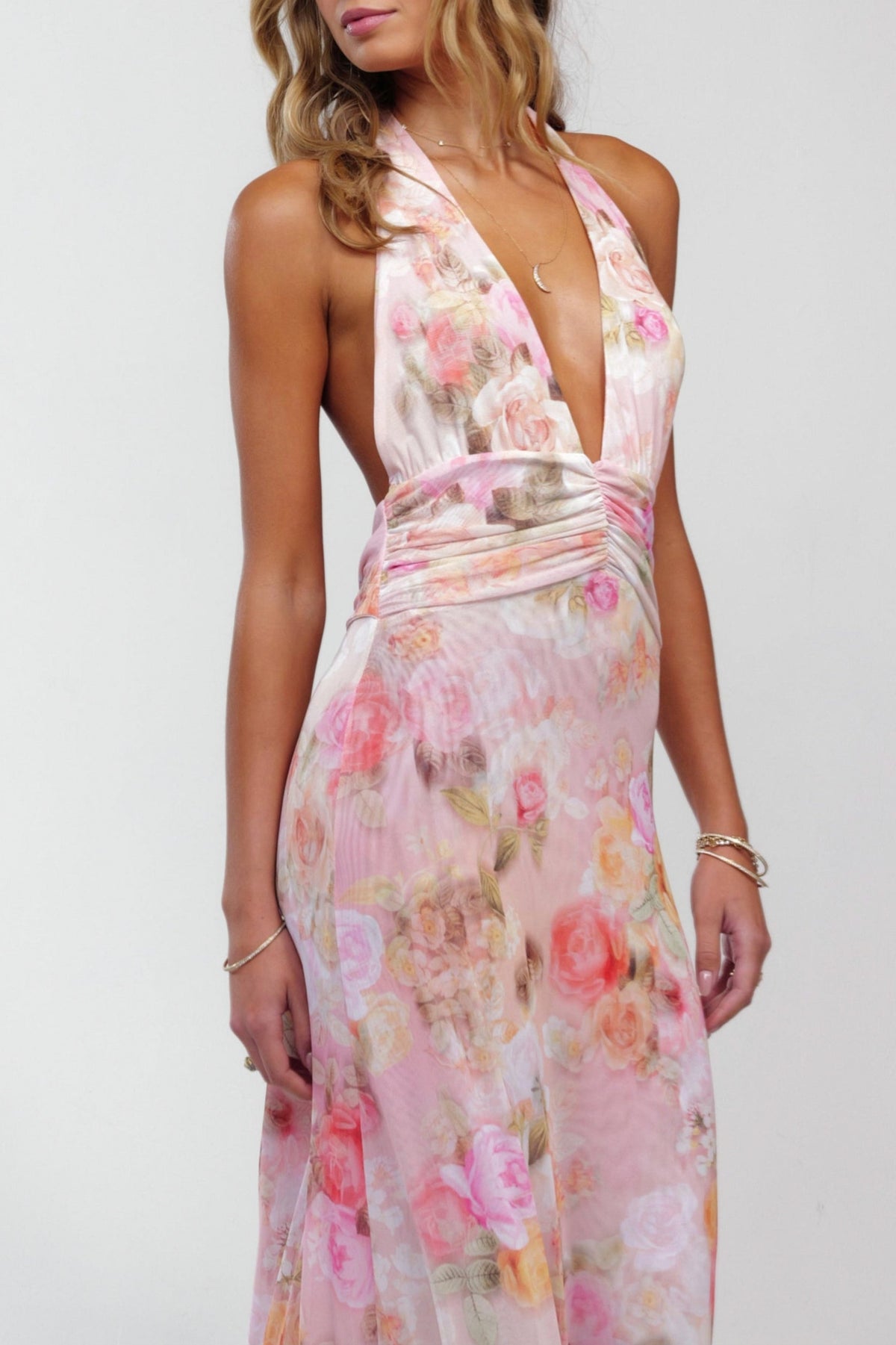 Floral Chiffon Ruched Halter Maxi Dress