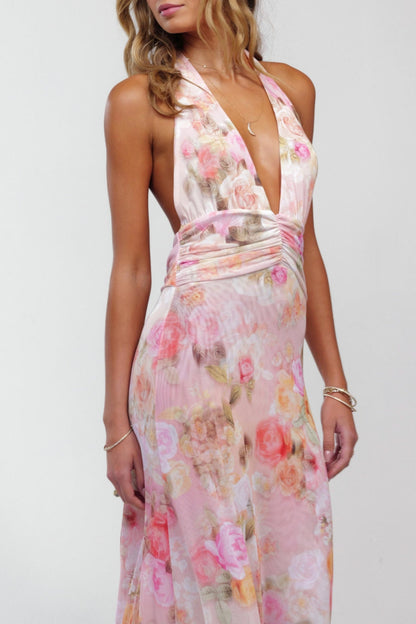 Floral Chiffon Ruched Halter Maxi Dress