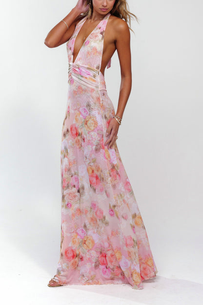 Floral Chiffon Ruched Halter Maxi Dress