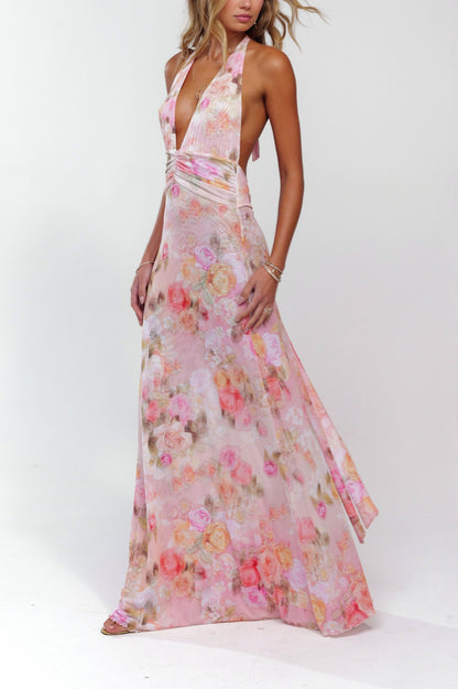 Floral Chiffon Ruched Halter Maxi Dress