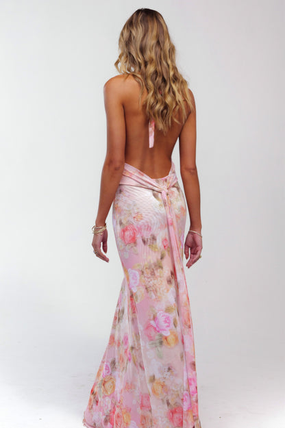 Floral Chiffon Ruched Halter Maxi Dress
