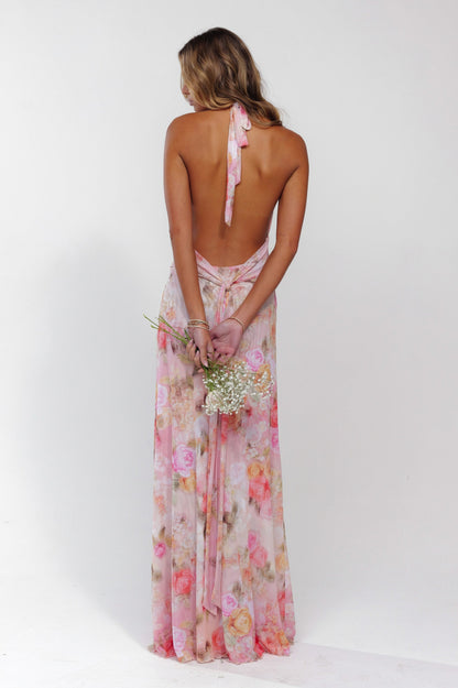 Floral Chiffon Ruched Halter Maxi Dress