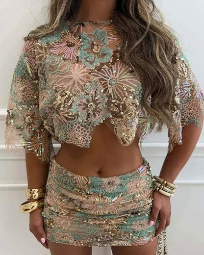 Floral Embroidered Sequin Mini Set