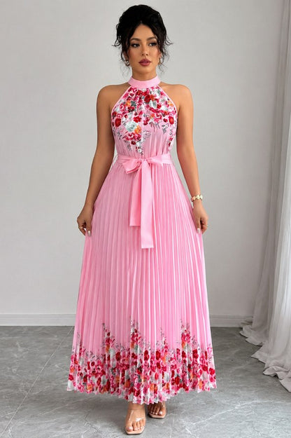 Floral Halter Pleated Maxi Dress