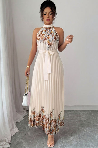 Floral Halter Pleated Maxi Dress