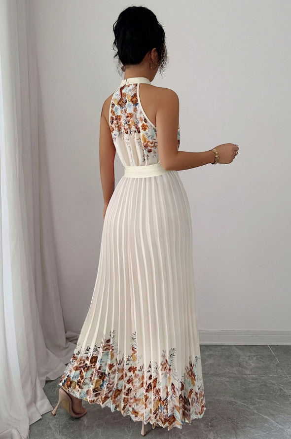 Floral Halter Pleated Maxi Dress