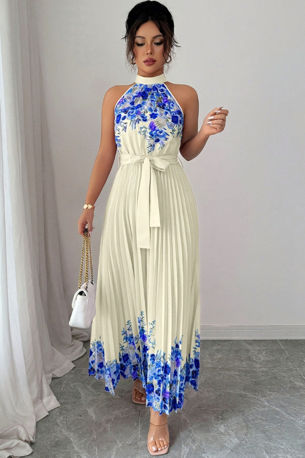 Floral Halter Pleated Maxi Dress