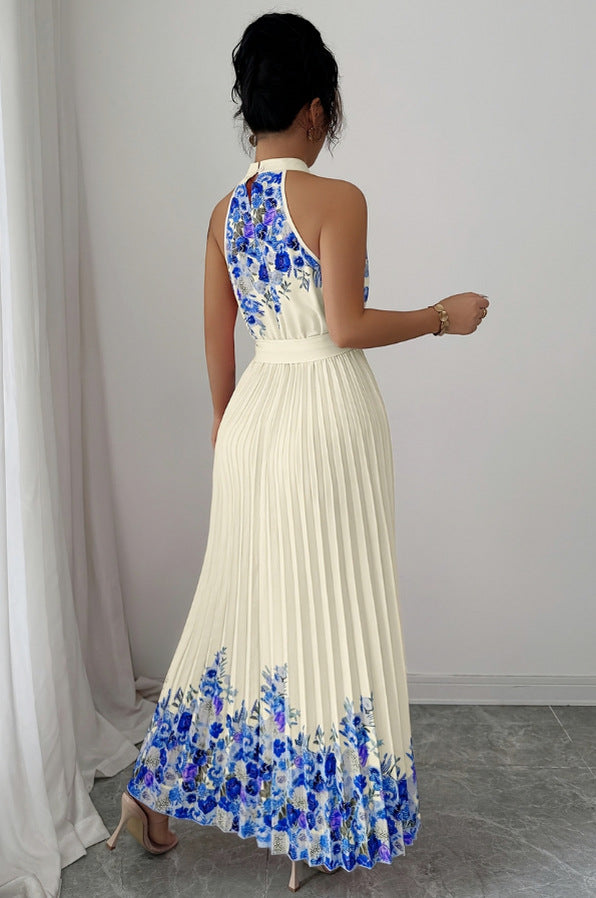 Floral Halter Pleated Maxi Dress