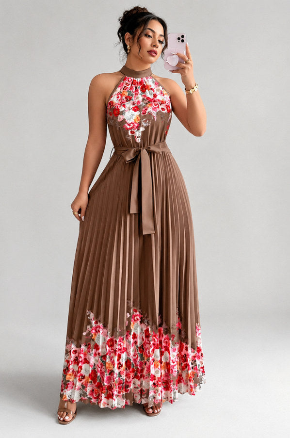 Floral Halter Pleated Maxi Dress