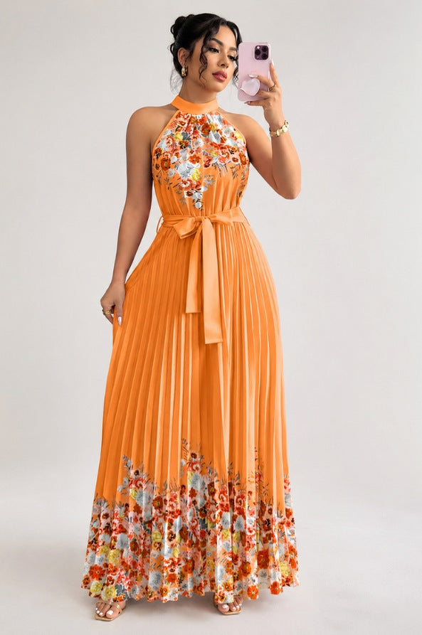 Floral Halter Pleated Maxi Dress