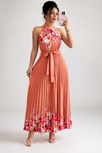 Floral Halter Pleated Maxi Dress