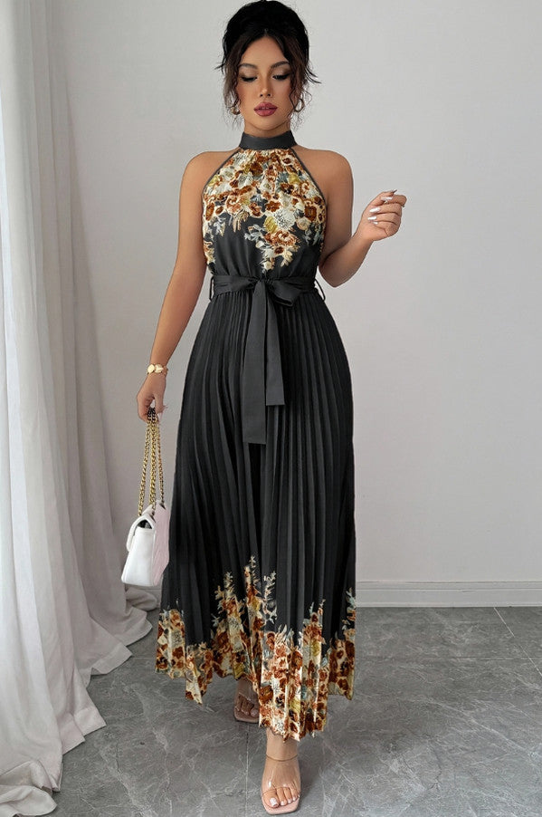 Floral Halter Pleated Maxi Dress