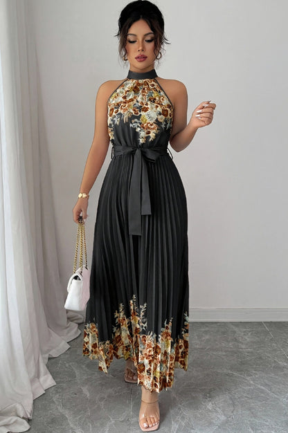 Floral Halter Pleated Maxi Dress
