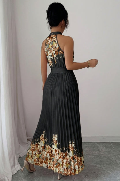 Floral Halter Pleated Maxi Dress