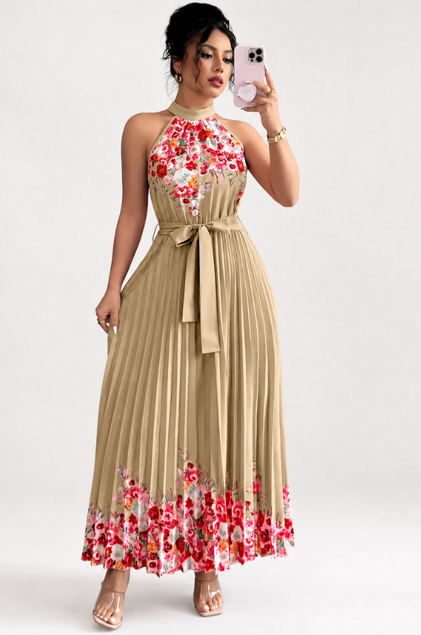 Floral Halter Pleated Maxi Dress
