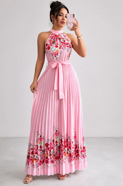 Floral Halter Pleated Maxi Dress