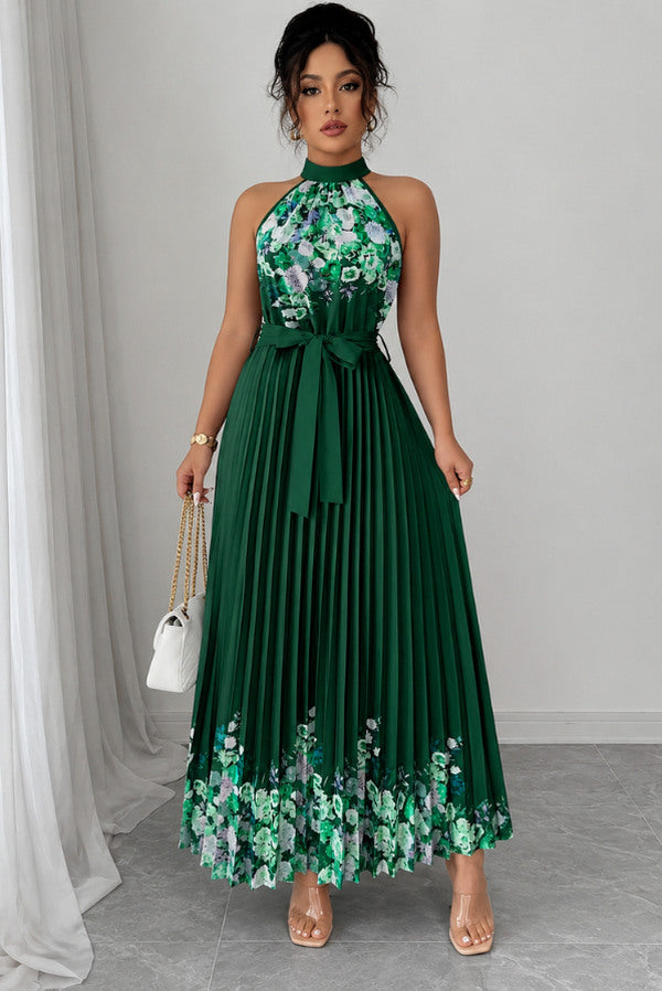 Floral Halter Pleated Maxi Dress