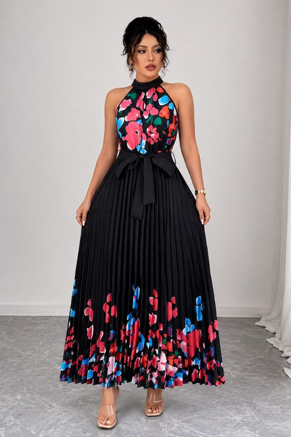 Floral Halter Pleated Maxi Dress