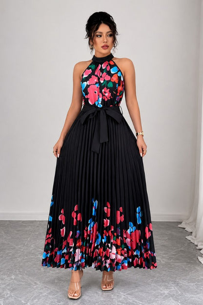 Floral Halter Pleated Maxi Dress